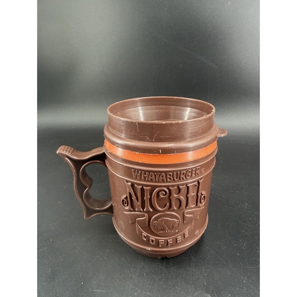 Whataburger Plastic Coffee Mug Cup & Lid, Brown & Orange Made in USA